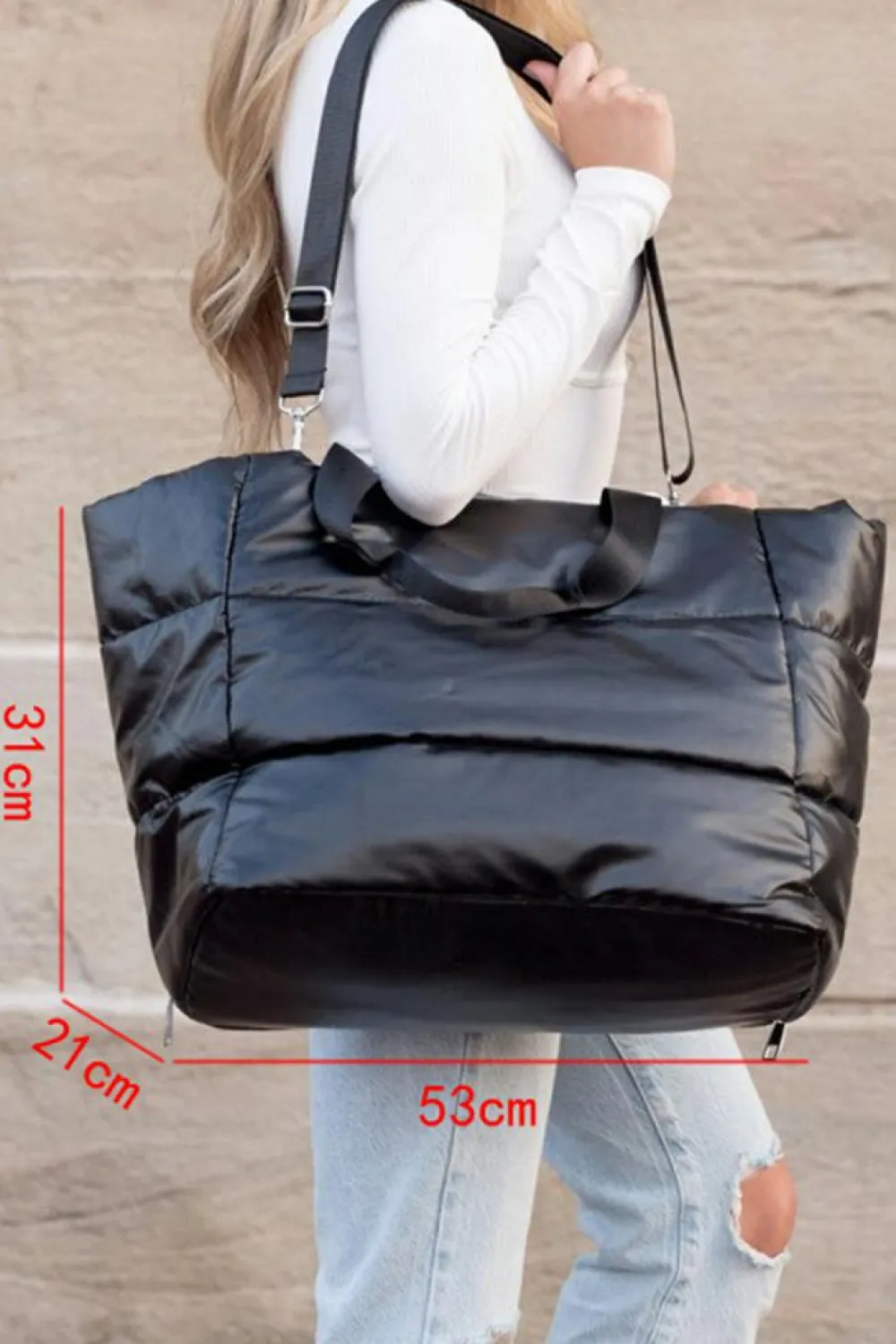 Online Dear-Lover Solid Zipper Puffer Large Tote Bag Black