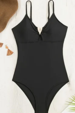 Discount Dear-Lover Spaghetti Straps Metal V Decor One-Piece Swimsuit Black