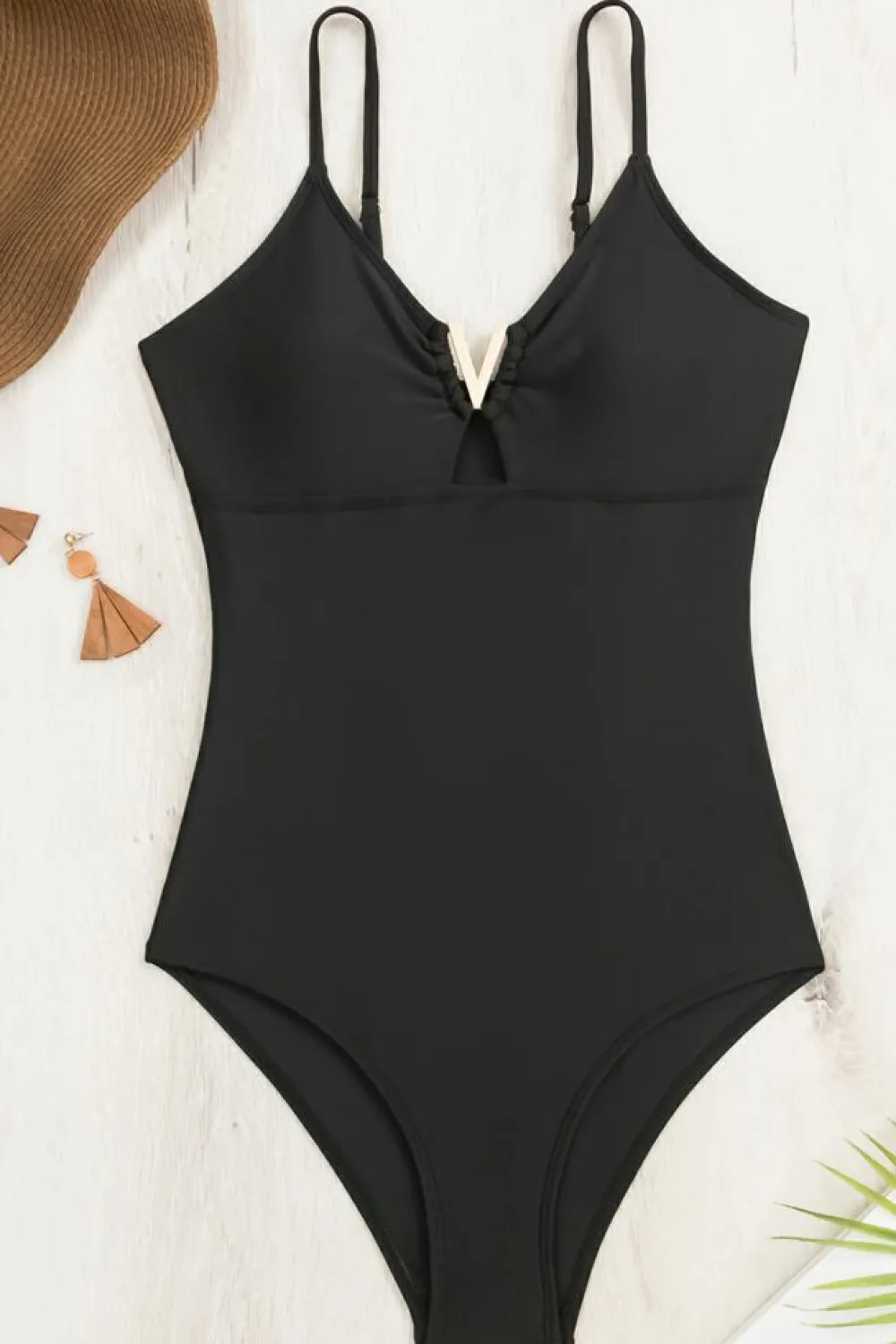 Discount Dear-Lover Spaghetti Straps Metal V Decor One-Piece Swimsuit Black