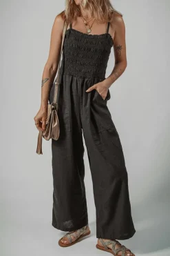 Hot Dear-Lover Spaghetti Straps Shirred Bodice Pocketed Wide Leg Jumpsuit Black