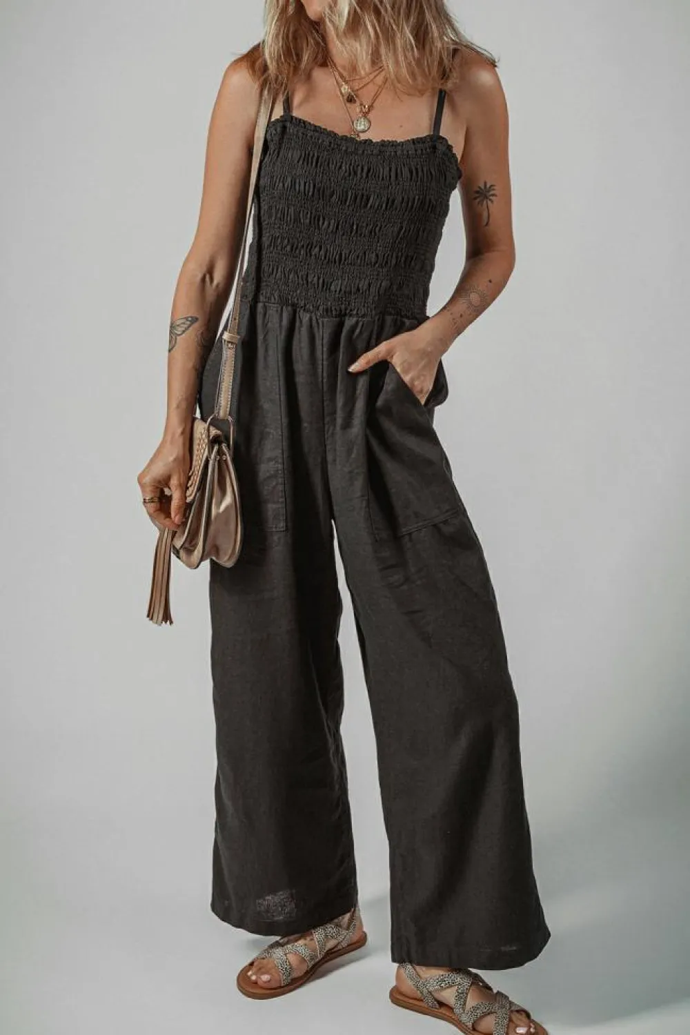 Hot Dear-Lover Spaghetti Straps Shirred Bodice Pocketed Wide Leg Jumpsuit Black