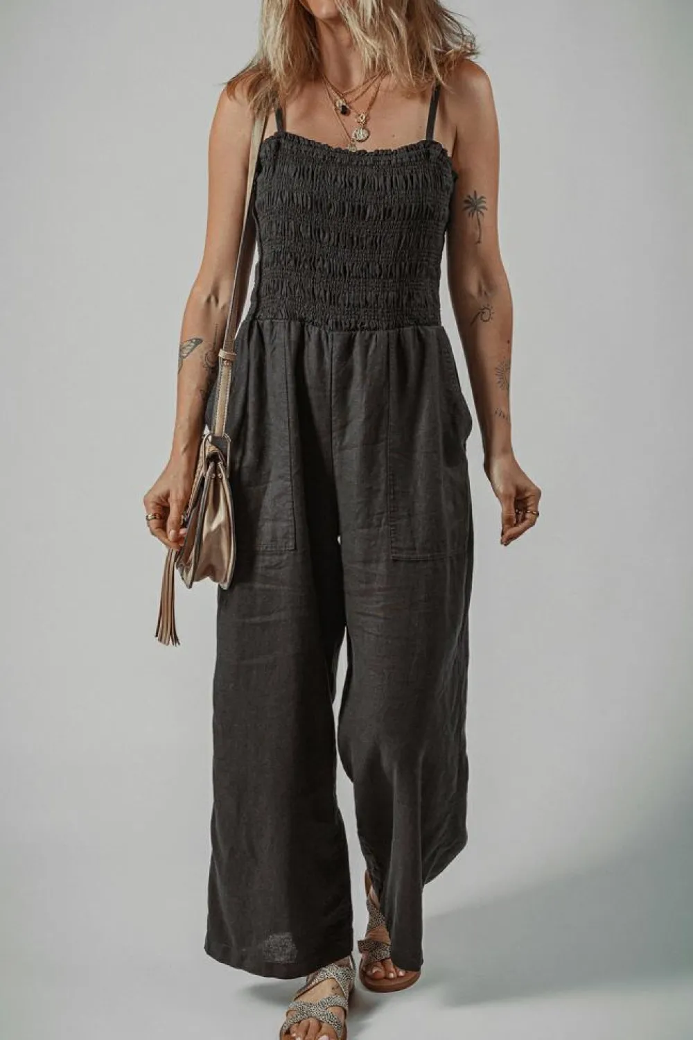 Hot Dear-Lover Spaghetti Straps Shirred Bodice Pocketed Wide Leg Jumpsuit Black