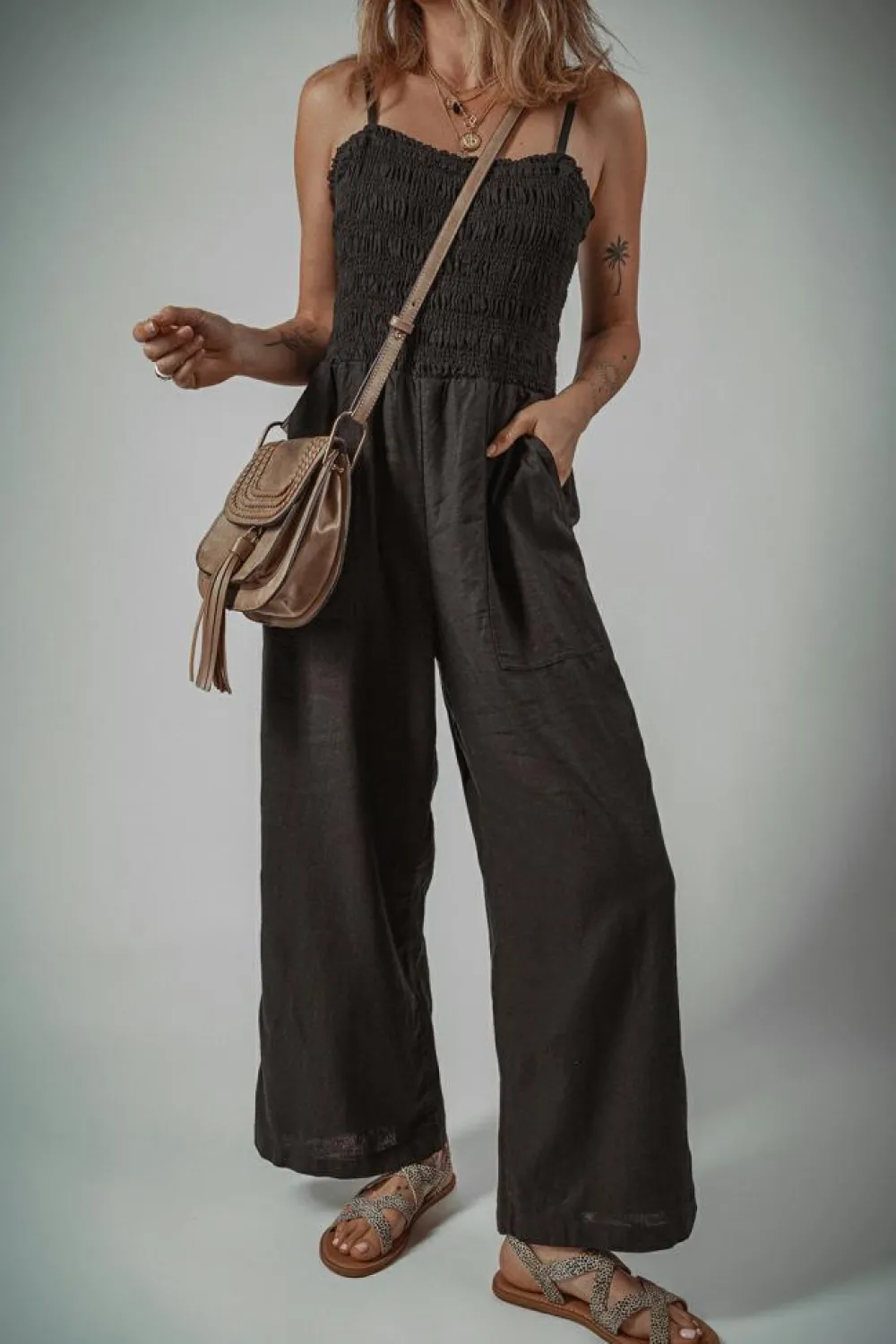 Hot Dear-Lover Spaghetti Straps Shirred Bodice Pocketed Wide Leg Jumpsuit Black