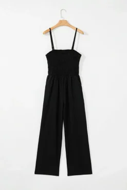 Hot Dear-Lover Spaghetti Straps Shirred Bodice Pocketed Wide Leg Jumpsuit Black