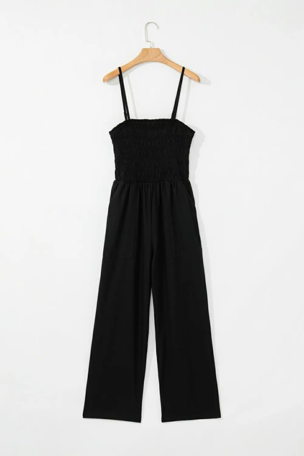 Hot Dear-Lover Spaghetti Straps Shirred Bodice Pocketed Wide Leg Jumpsuit Black