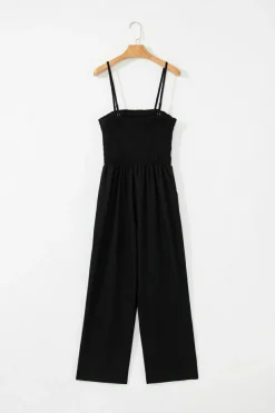 Hot Dear-Lover Spaghetti Straps Shirred Bodice Pocketed Wide Leg Jumpsuit Black