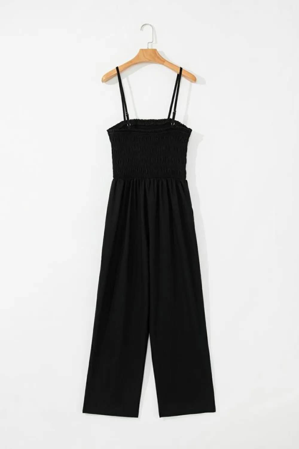 Hot Dear-Lover Spaghetti Straps Shirred Bodice Pocketed Wide Leg Jumpsuit Black