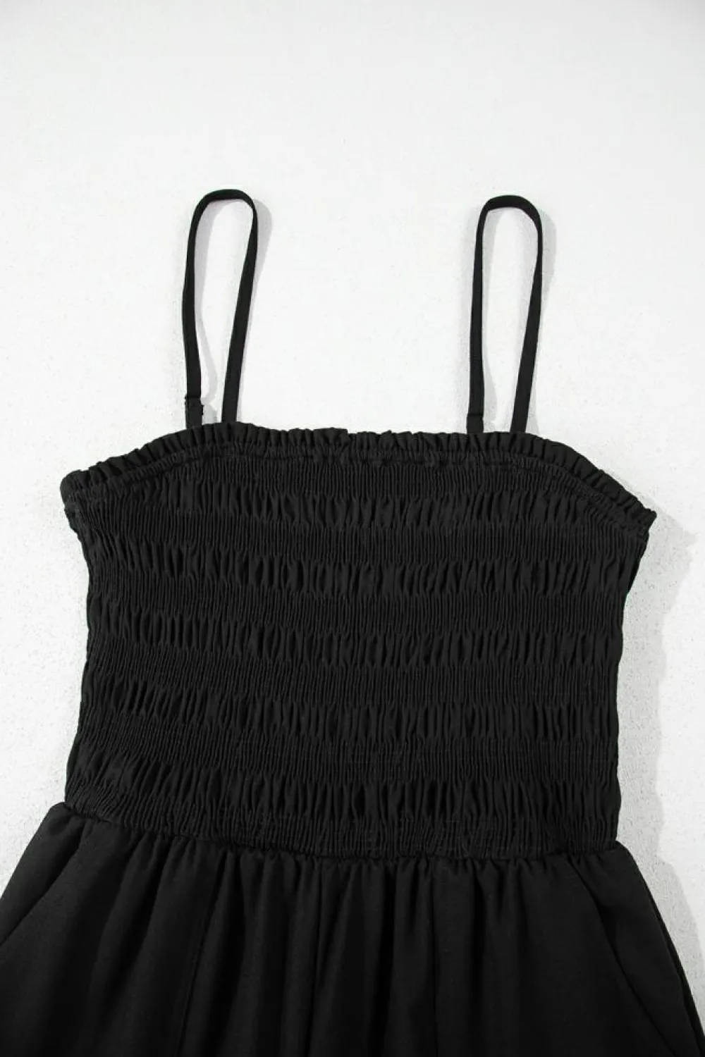 Hot Dear-Lover Spaghetti Straps Shirred Bodice Pocketed Wide Leg Jumpsuit Black