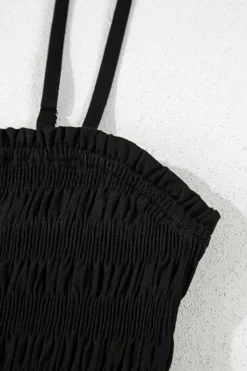 Hot Dear-Lover Spaghetti Straps Shirred Bodice Pocketed Wide Leg Jumpsuit Black