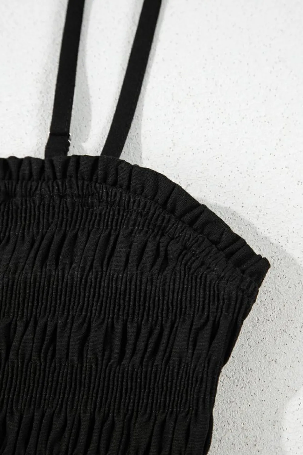 Hot Dear-Lover Spaghetti Straps Shirred Bodice Pocketed Wide Leg Jumpsuit Black