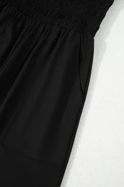 Hot Dear-Lover Spaghetti Straps Shirred Bodice Pocketed Wide Leg Jumpsuit Black