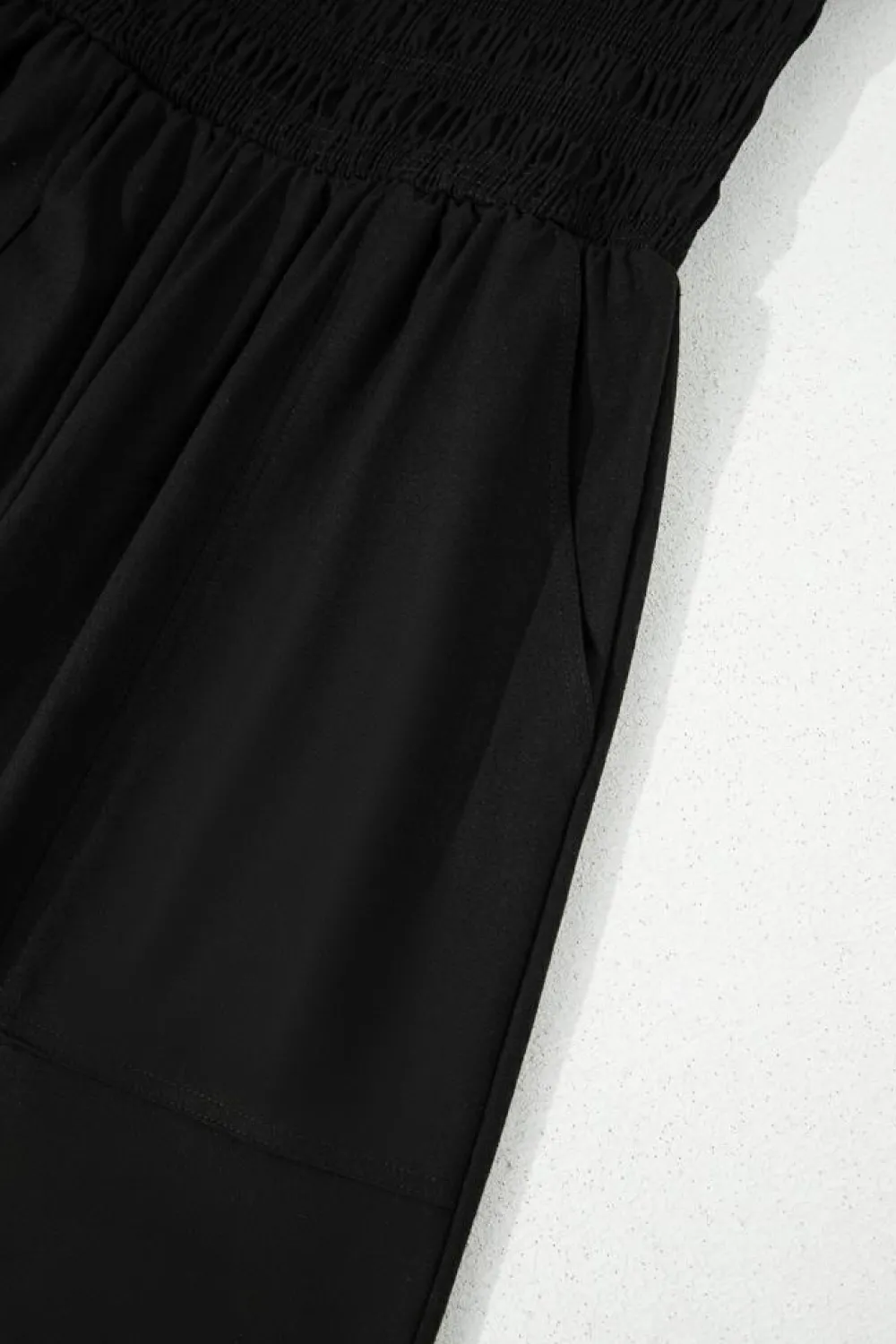 Hot Dear-Lover Spaghetti Straps Shirred Bodice Pocketed Wide Leg Jumpsuit Black