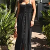 Sale Dear-Lover Spaghetti Straps Smocked Front Slit Buttoned Dress Black