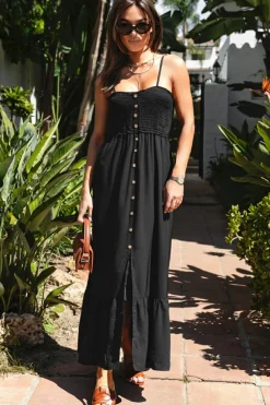 Sale Dear-Lover Spaghetti Straps Smocked Front Slit Buttoned Dress Black