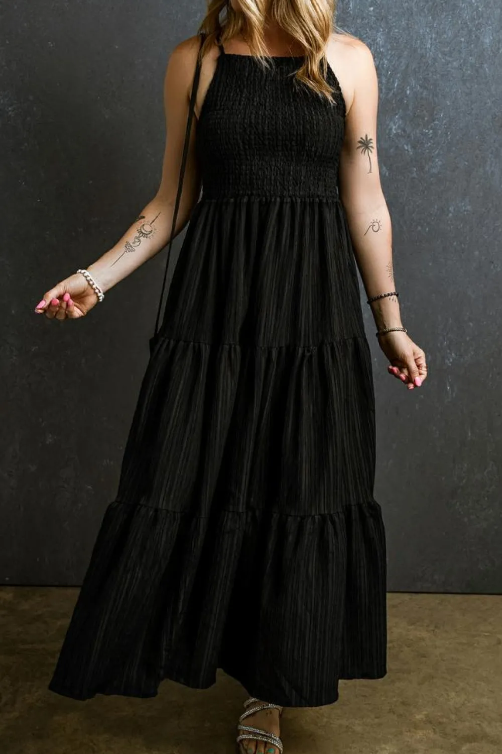 Sale Dear-Lover Spaghetti Straps Smocked Pleated Tiered Maxi Dress Black