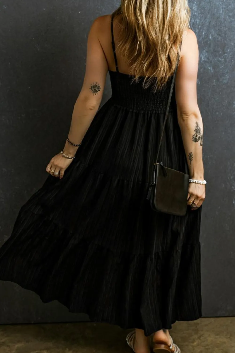 Sale Dear-Lover Spaghetti Straps Smocked Pleated Tiered Maxi Dress Black