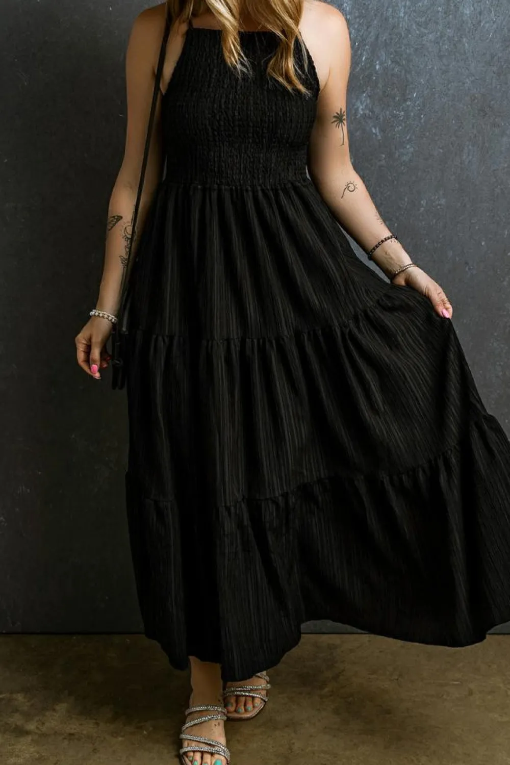 Sale Dear-Lover Spaghetti Straps Smocked Pleated Tiered Maxi Dress Black
