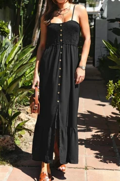 Sale Dear-Lover Spaghetti Straps Smocked Front Slit Buttoned Dress Black