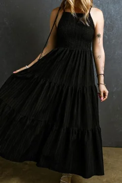 Sale Dear-Lover Spaghetti Straps Smocked Pleated Tiered Maxi Dress Black