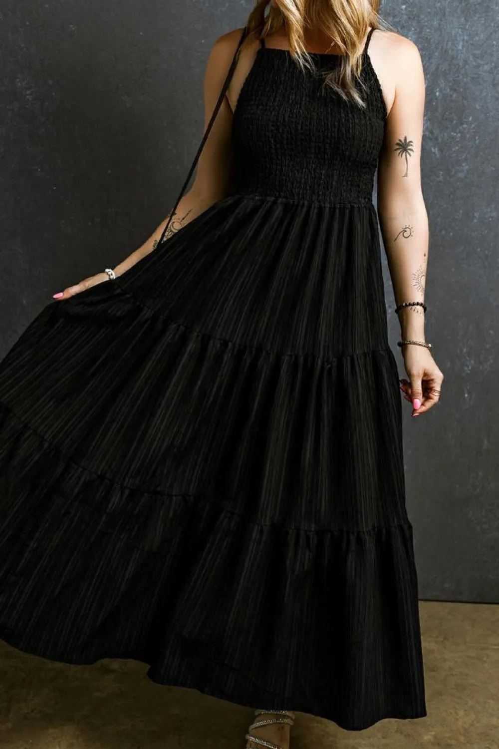 Sale Dear-Lover Spaghetti Straps Smocked Pleated Tiered Maxi Dress Black
