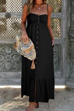 Sale Dear-Lover Spaghetti Straps Smocked Front Slit Buttoned Dress Black