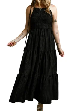 Sale Dear-Lover Spaghetti Straps Smocked Pleated Tiered Maxi Dress Black