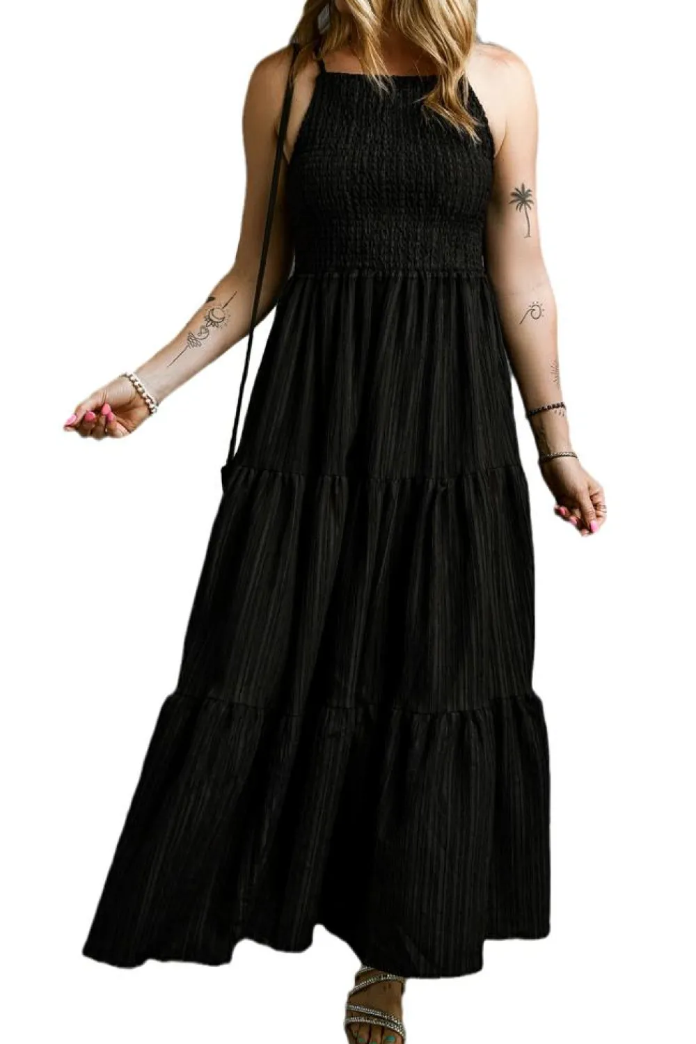 Sale Dear-Lover Spaghetti Straps Smocked Pleated Tiered Maxi Dress Black