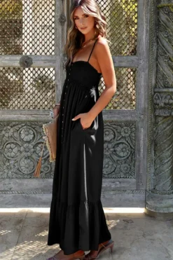 Sale Dear-Lover Spaghetti Straps Smocked Front Slit Buttoned Dress Black