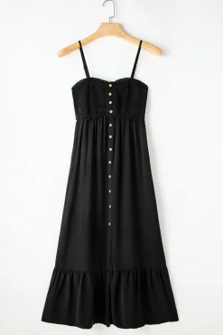 Sale Dear-Lover Spaghetti Straps Smocked Front Slit Buttoned Dress Black