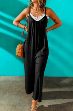 Discount Dear-Lover Spaghetti Straps Wide Leg Pocketed Jumpsuits Black