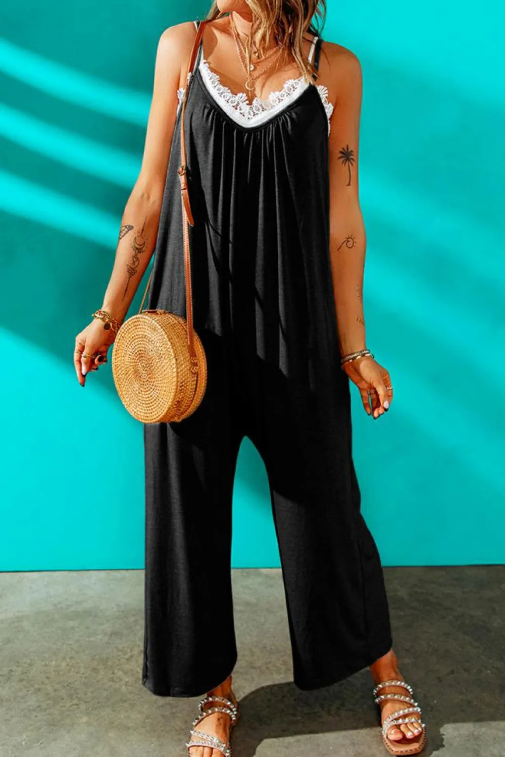 Discount Dear-Lover Spaghetti Straps Wide Leg Pocketed Jumpsuits Black