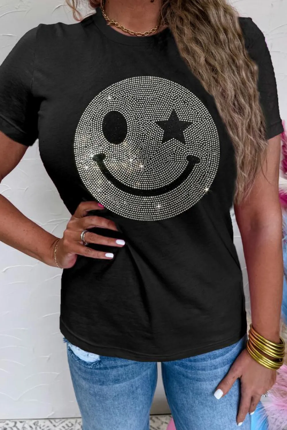 Best Dear-Lover Sparkle Rhinestone Smile Face Graphic T Shirt Black