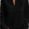 Online Dear-Lover Split Neck Quilted Long Sleeve Top Black