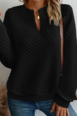 Online Dear-Lover Split Neck Quilted Long Sleeve Top Black