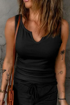 New Dear-Lover Split Neck Ribbed Knit Tank Top Black