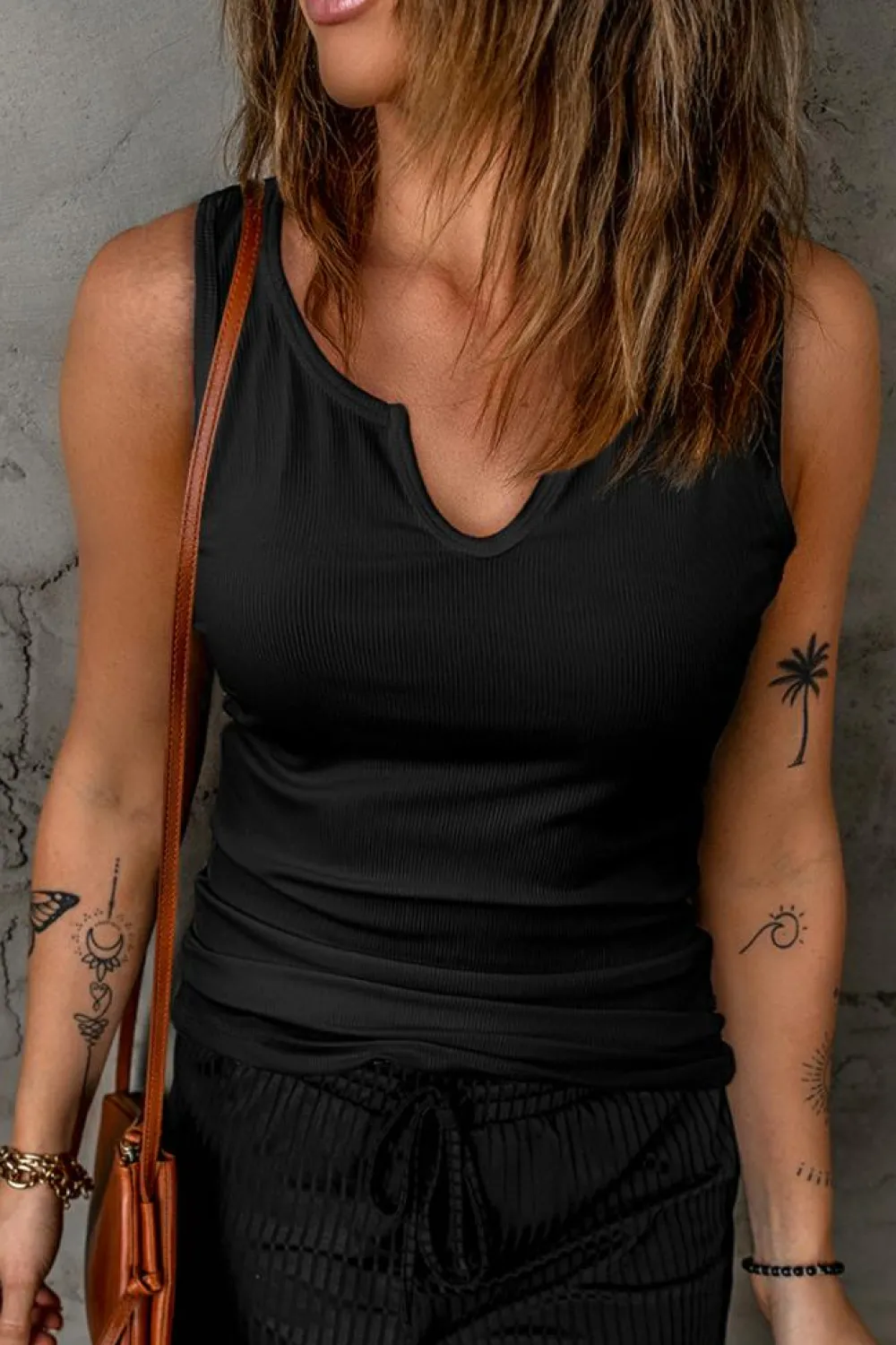 New Dear-Lover Split Neck Ribbed Knit Tank Top Black