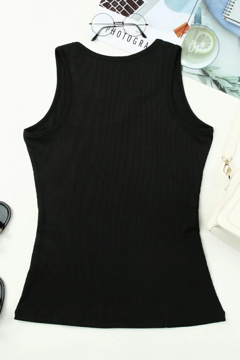 New Dear-Lover Split Neck Ribbed Knit Tank Top Black