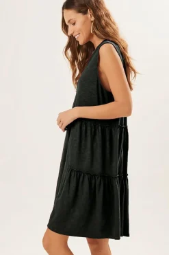 Online Dear-Lover Split V Neck Tiered Flowy Sleeveless Dress Black