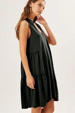 Online Dear-Lover Split V Neck Tiered Flowy Sleeveless Dress Black