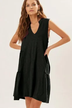 Online Dear-Lover Split V Neck Tiered Flowy Sleeveless Dress Black