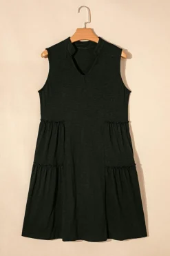 Online Dear-Lover Split V Neck Tiered Flowy Sleeveless Dress Black