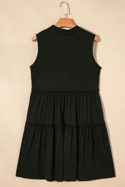 Online Dear-Lover Split V Neck Tiered Flowy Sleeveless Dress Black