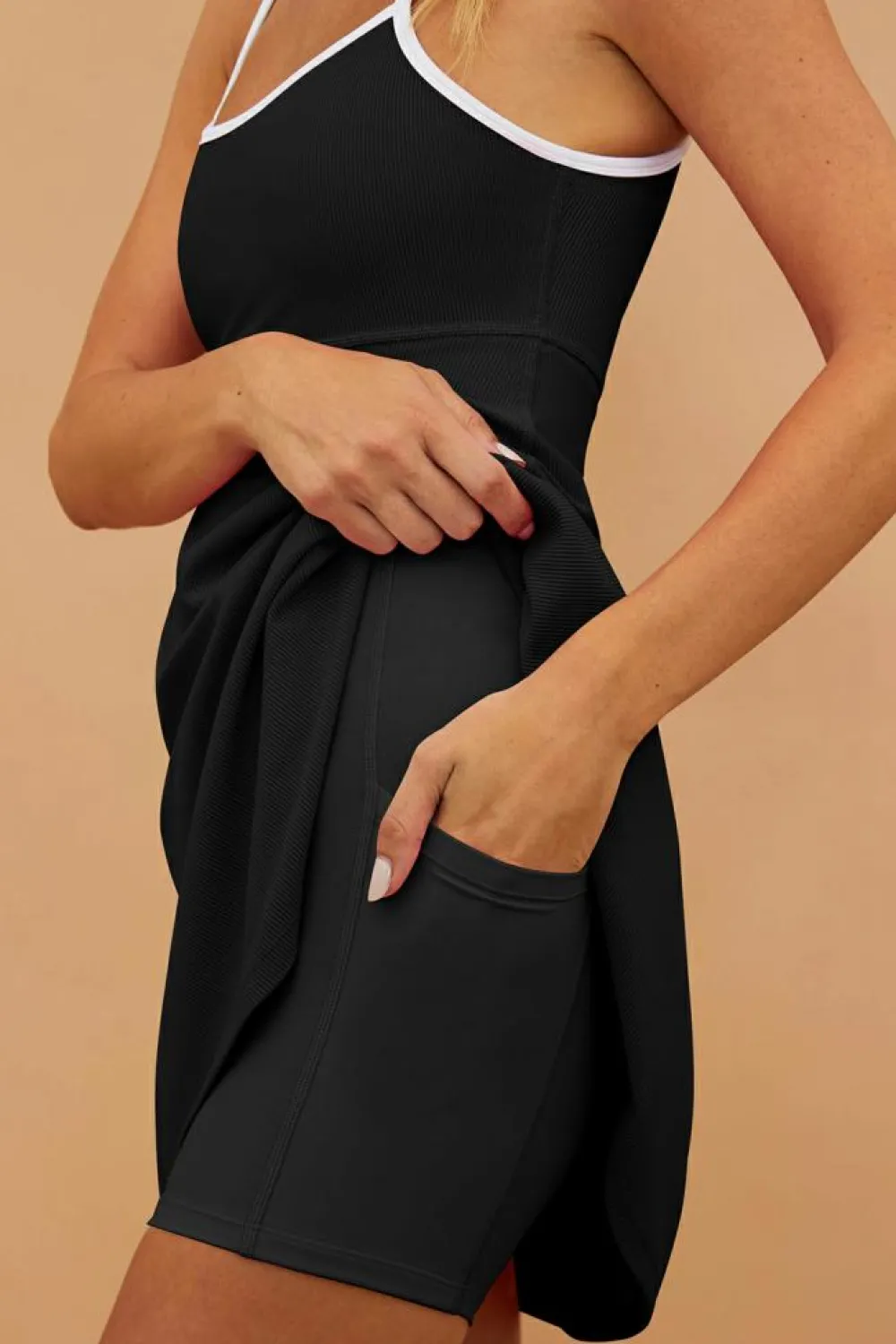 Hot Dear-Lover Sporty Ribbed Spaghetti Straps One Piece Swimdress Black