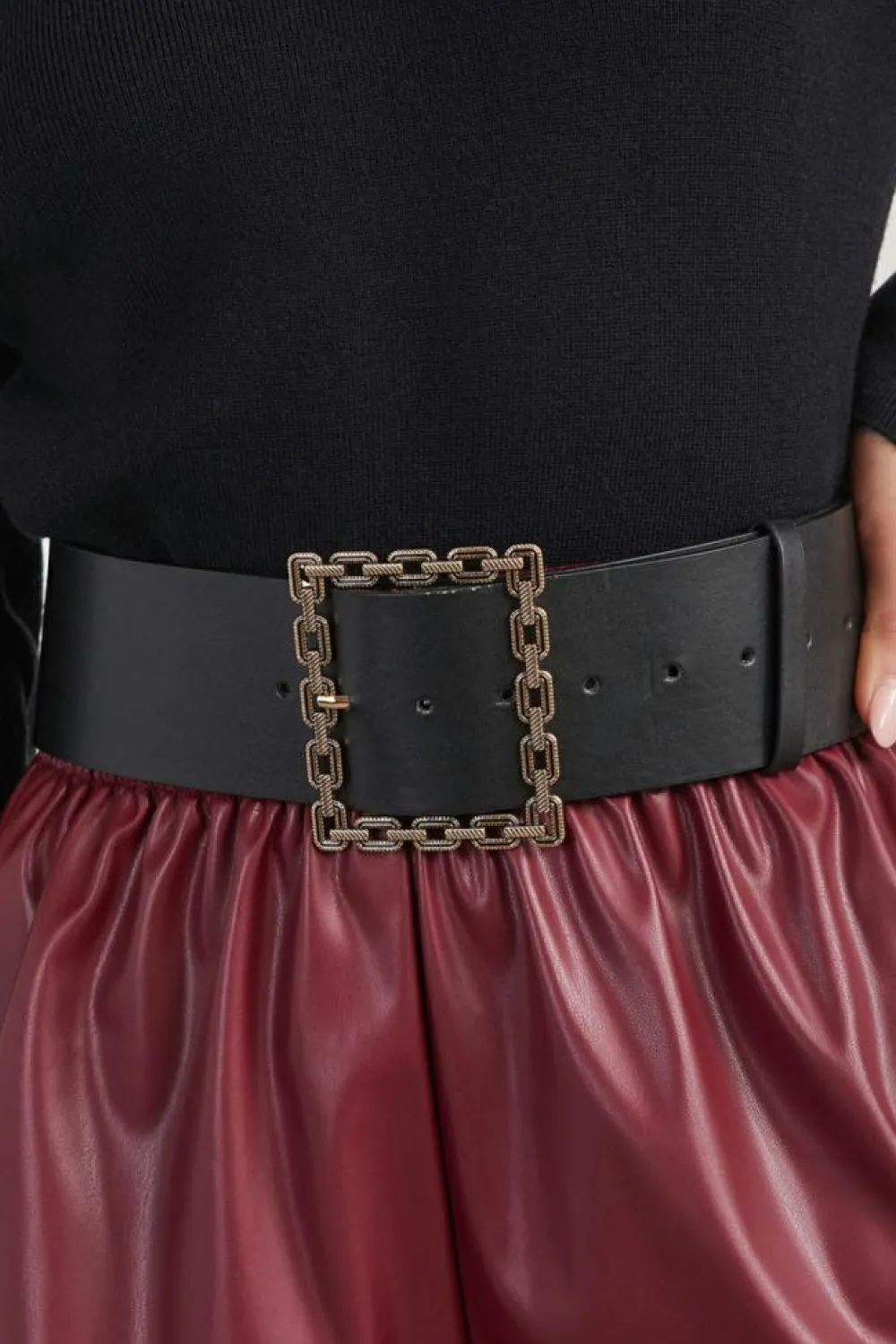 Clearance Dear-Lover Square Buckle Faux Leather Girdle Black