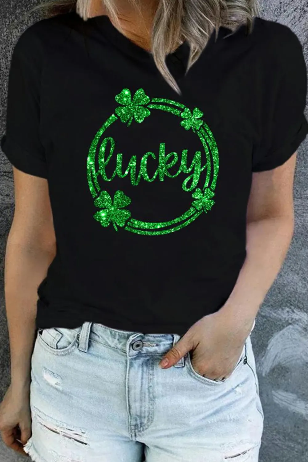 Sale Dear-Lover St Patrick Sequin Lucky Clover Print Short Sleeve T-shirt Black