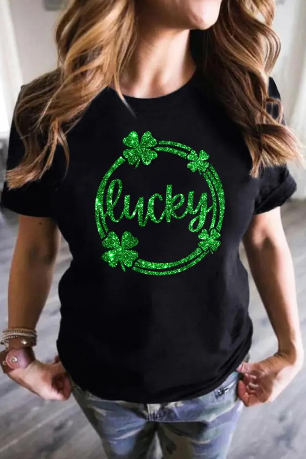 Sale Dear-Lover St Patrick Sequin Lucky Clover Print Short Sleeve T-shirt Black