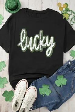 Discount Dear-Lover St Patricks Day lucky Cracked Letter Graphic T Shirt Black
