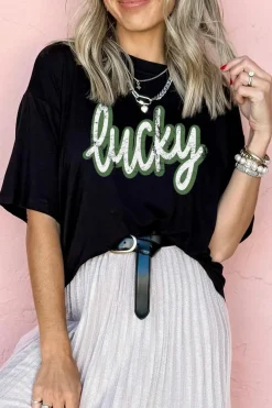 Discount Dear-Lover St Patricks Day lucky Cracked Letter Graphic T Shirt Black
