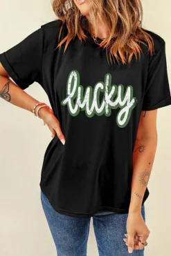 Discount Dear-Lover St Patricks Day lucky Cracked Letter Graphic T Shirt Black