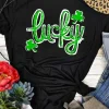 Hot Dear-Lover St. Patricks Lucky Clover Print O Neck T Shirt Black